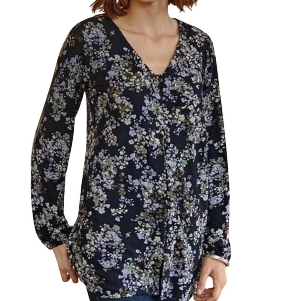 J. Jill Womens Small Floral V-Neck Long Sleeve Tunic Blouse Black Purple Cotton